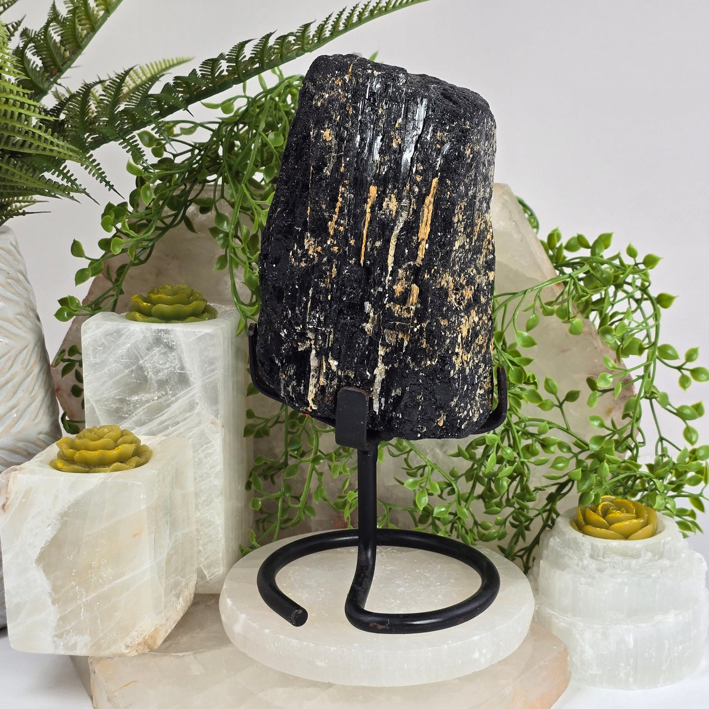 Black Tourmaline on Metal Stand - As Is front view with props and plants in the background