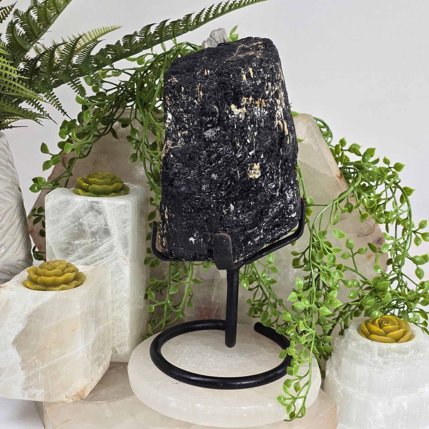 Black Tourmaline on Metal Stand - As Is back view