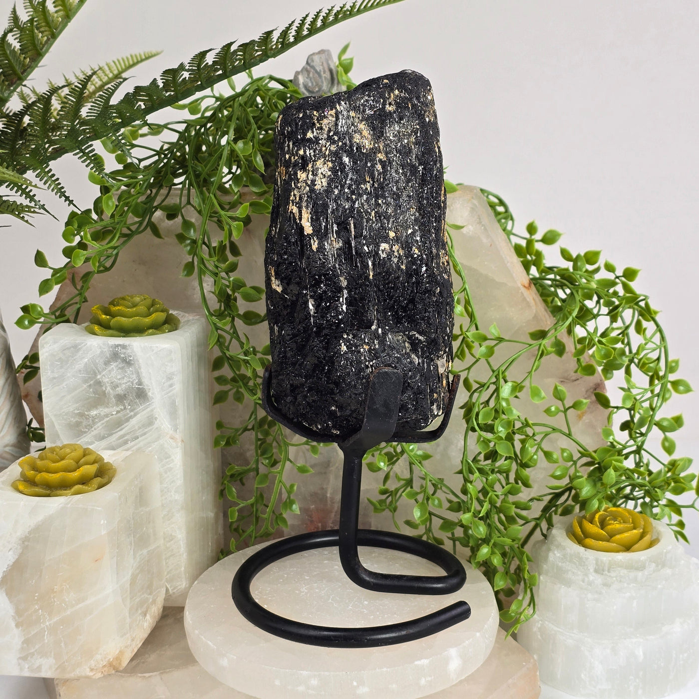 Black Tourmaline on Metal Stand - As Is side view