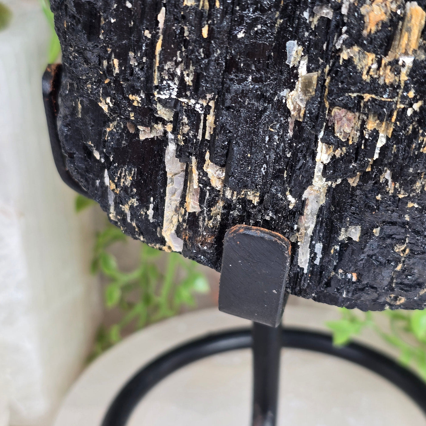 Black Tourmaline on Metal Stand - As Is closeup to show tarnish