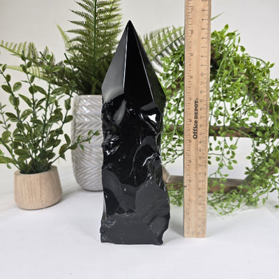 Black Obsidian Semi Polished Point 1 with ruler for size reference