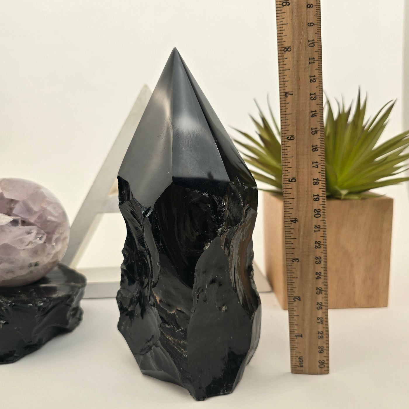 Black Obsidian Semi Polished Point 2 with ruler for size reference