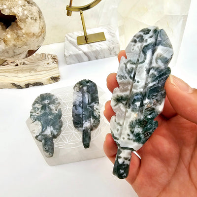 Moss Agate Feather - You Choose variant 3 in hand with other variants in the background