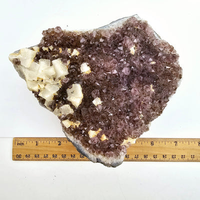 Amethyst Cluster with Calcite 1 top view with ruler for size reference