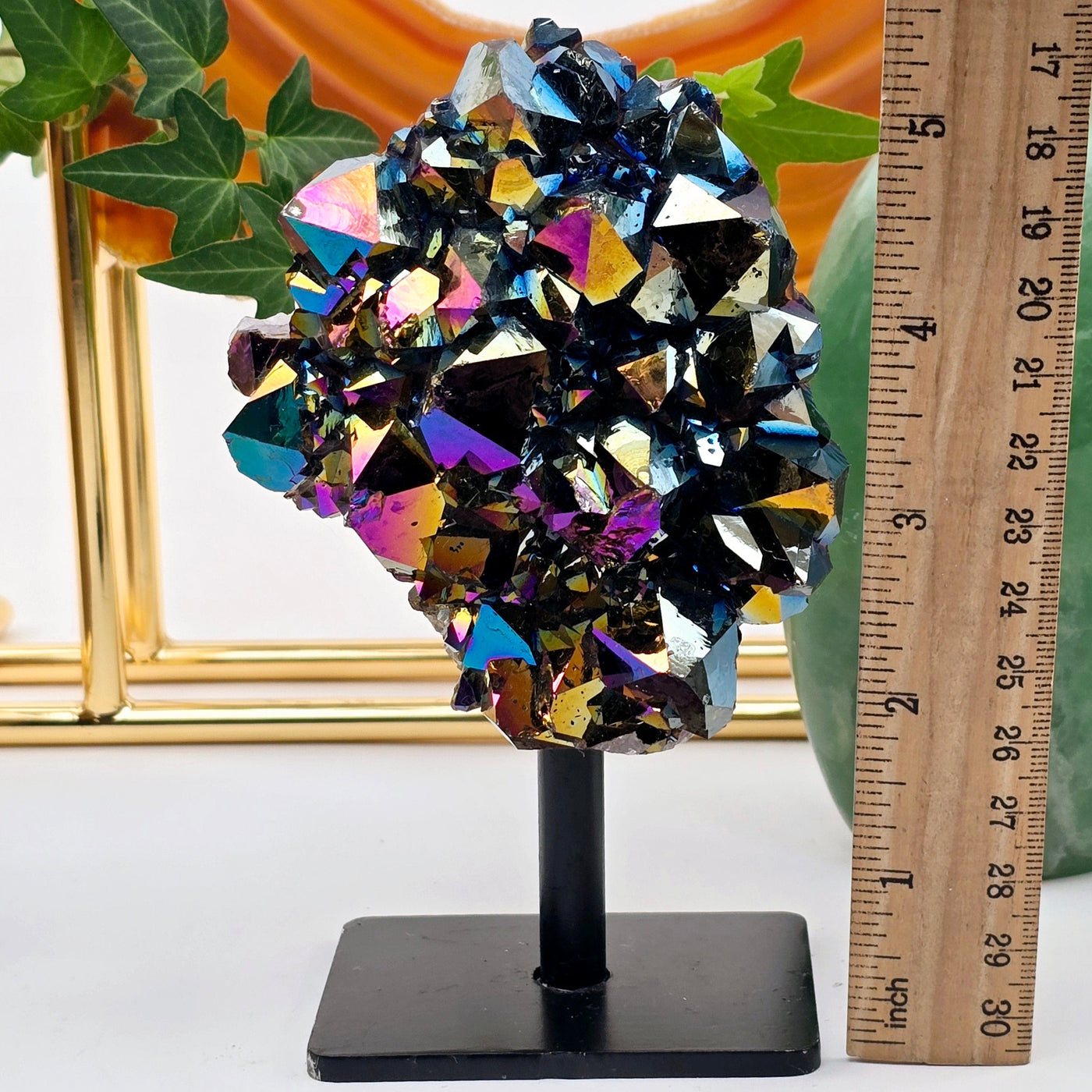 Titanium Coated Amethyst Cluster on Stand 2 with ruler for size reference