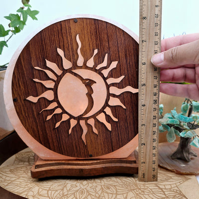 Large Sun and Moon Himalayan Salt Lamp - As Is with hand and ruler for size reference