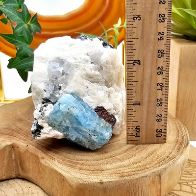 Aquamarine with Mica in Matrix #1 front view with ruler for size reference