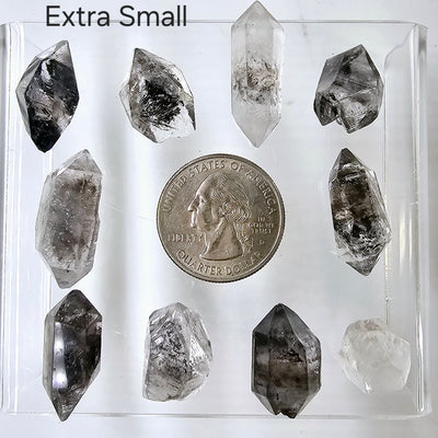 Tibetan Quartz - Double-Terminated Crystal Points - By Size extra small variants with quarter for size reference labeled