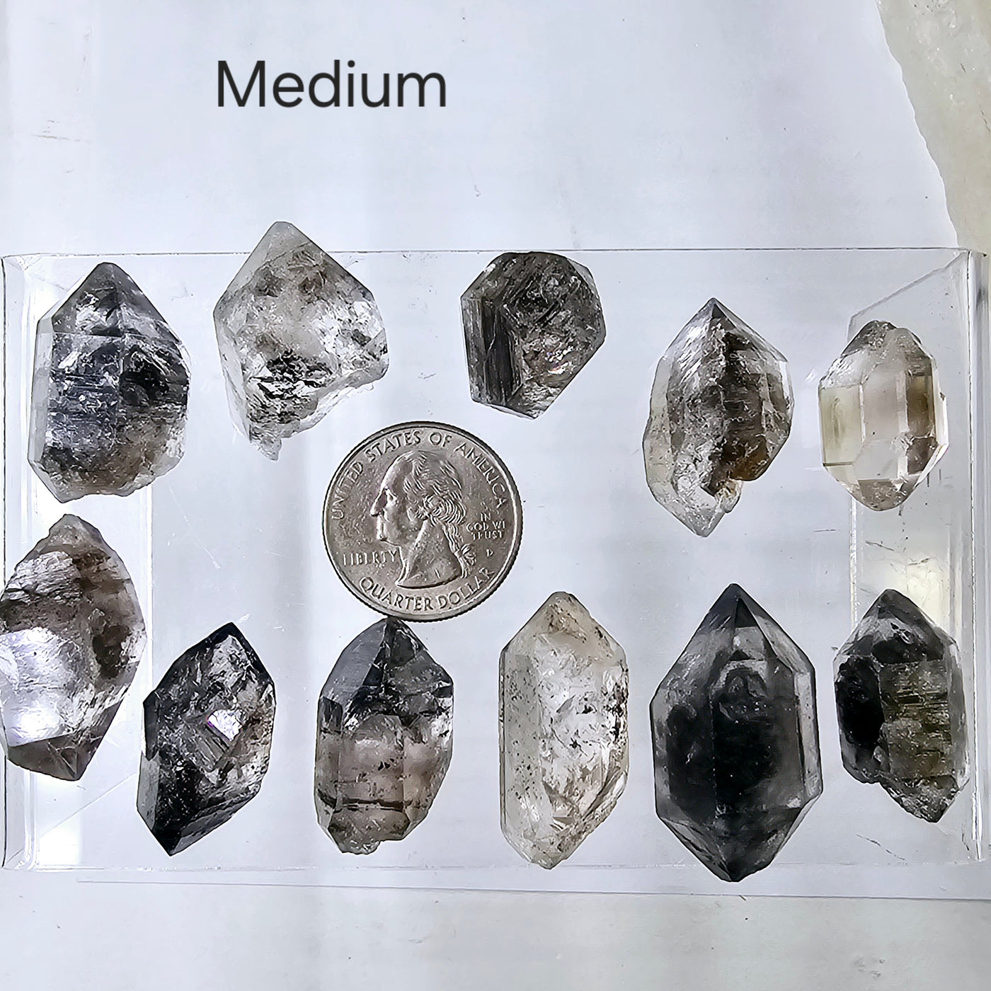 Tibetan Quartz - Double-Terminated Crystal Points - By Size medium size variants with quarter for size reference labeled