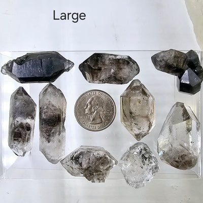 Tibetan Quartz - Double-Terminated Crystal Points - By Size large variants with quarter for size reference labeled