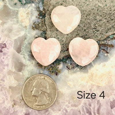 Rose Quartz Crystal Hearts - By Size - size 4 labeled by quarter for size reference