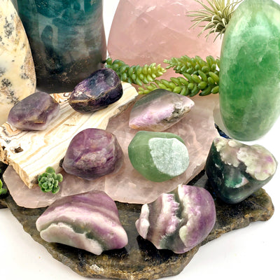 Rainbow Fluorite - Large Tumbled Stones - You Choose all variants on crystal platters with props and plants in the background