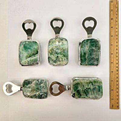 Green Fluorite Bottle Openers with ruler for size reference