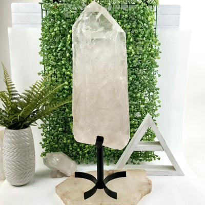 Crystal Quartz with Phantoms - Giant Point on Stand - One of a Kind - front view with plants and props in the background