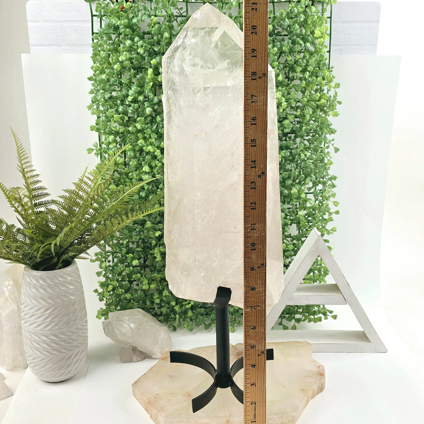 Crystal Quartz with Phantoms - Giant Point on Stand - One of a Kind front view with yard stick to show size reference