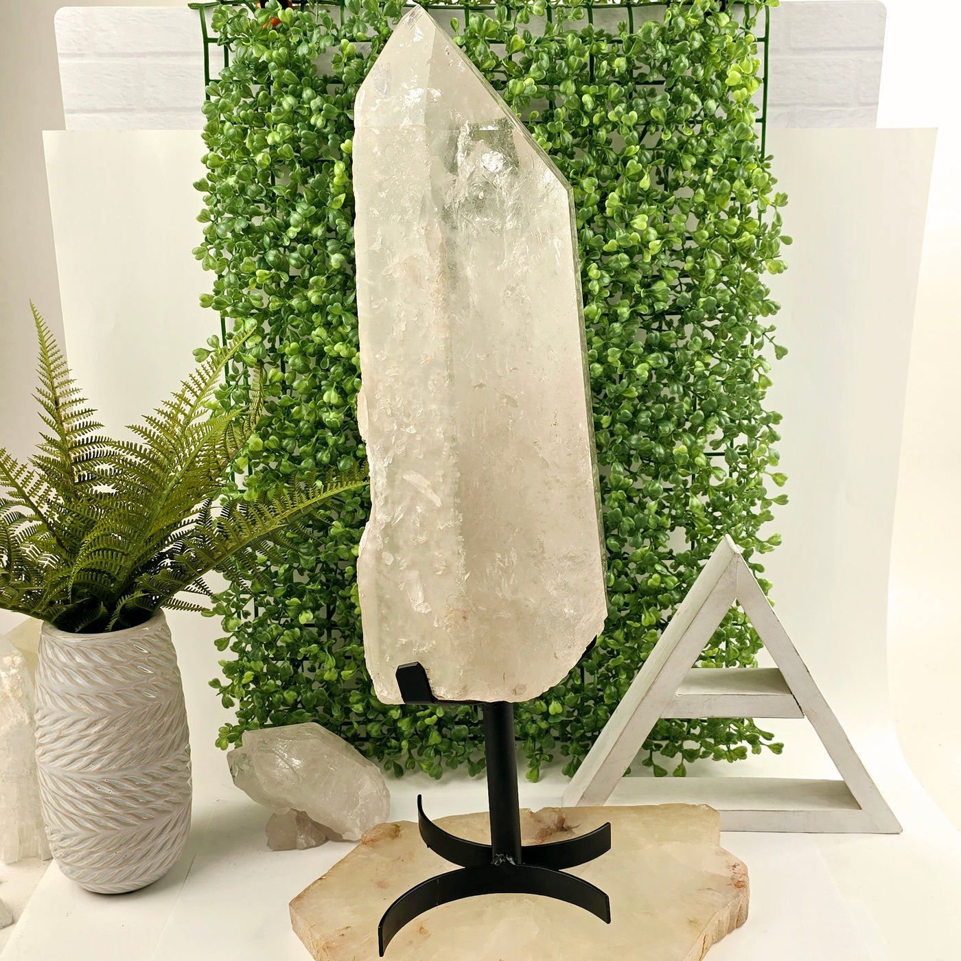 Crystal Quartz with Phantoms - Giant Point on Stand - One of a Kind side view