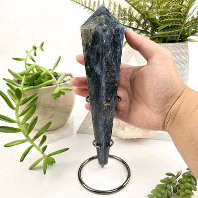 Blue Kyanite Crystal Wand on Stand #1 with hand for size reference