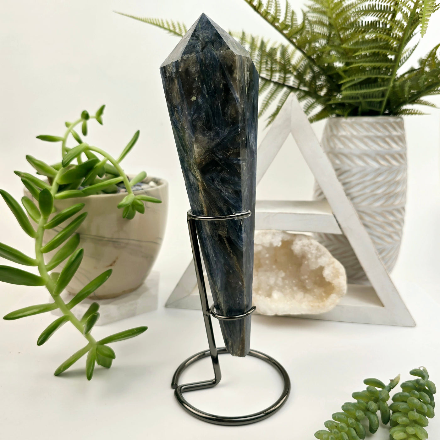 Blue Kyanite Crystal Wand on Stand #1 side view