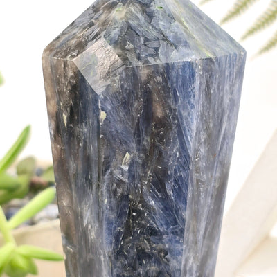 Blue Kyanite Crystal Wand on Stand #1 closeup for detail