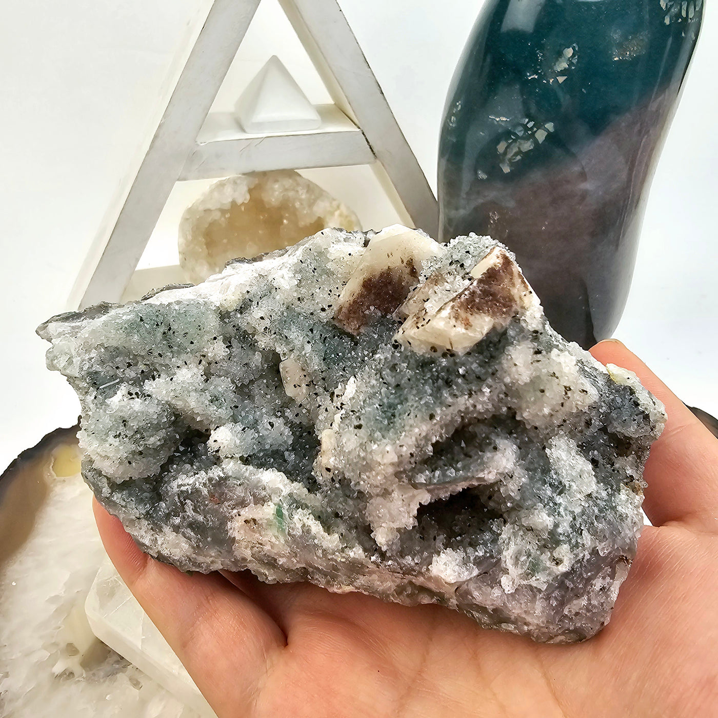 Chlorite Crystal Quartz Cluster #2 in hand for size reference