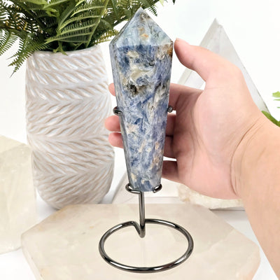 Blue Kyanite Crystal Wand on Stand #2 with hand for size reference