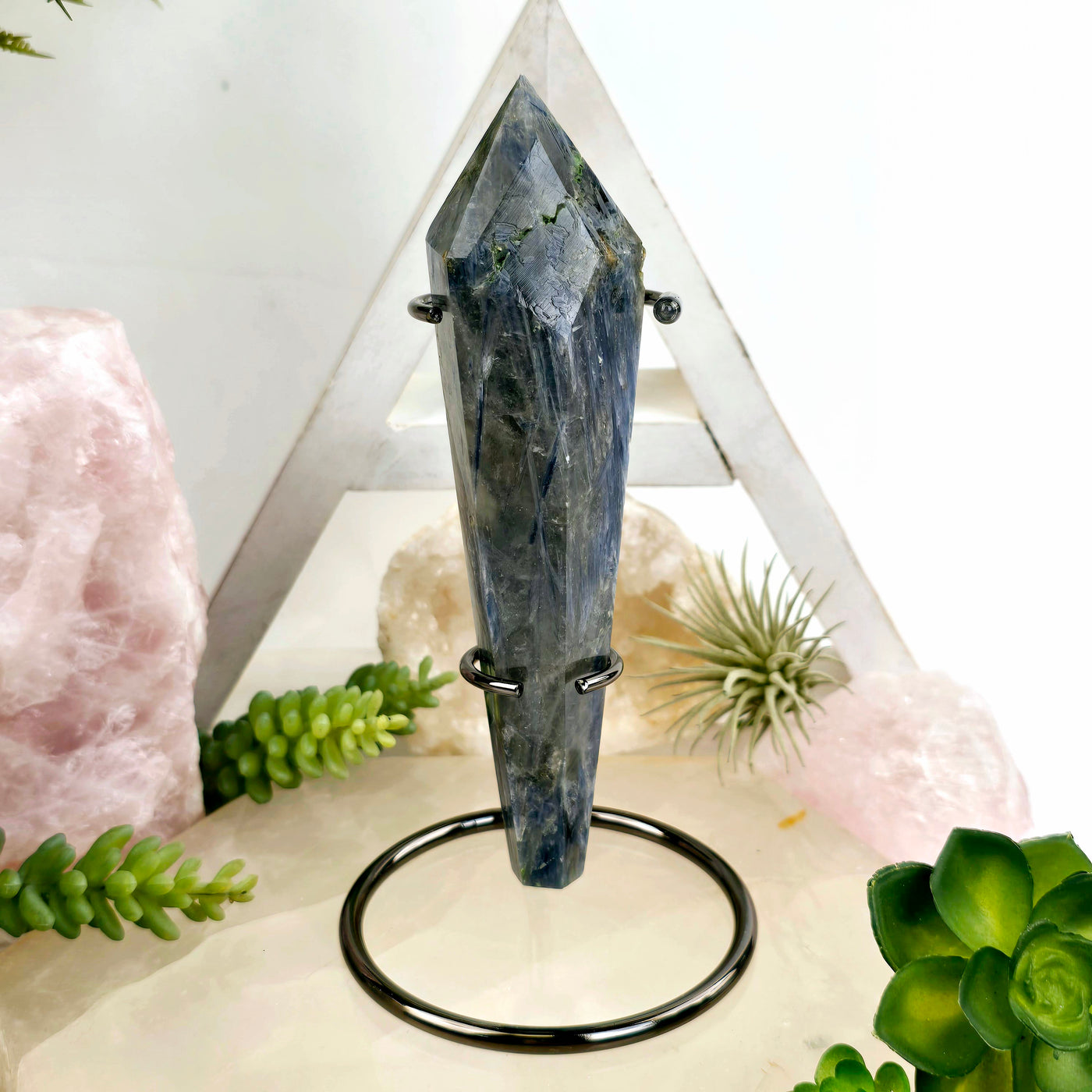 Blue Kyanite Crystal Wand on Stand #3 front view with props and plants in the background