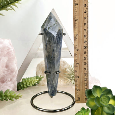 Blue Kyanite Crystal Wand on Stand #3 with ruler for size reference