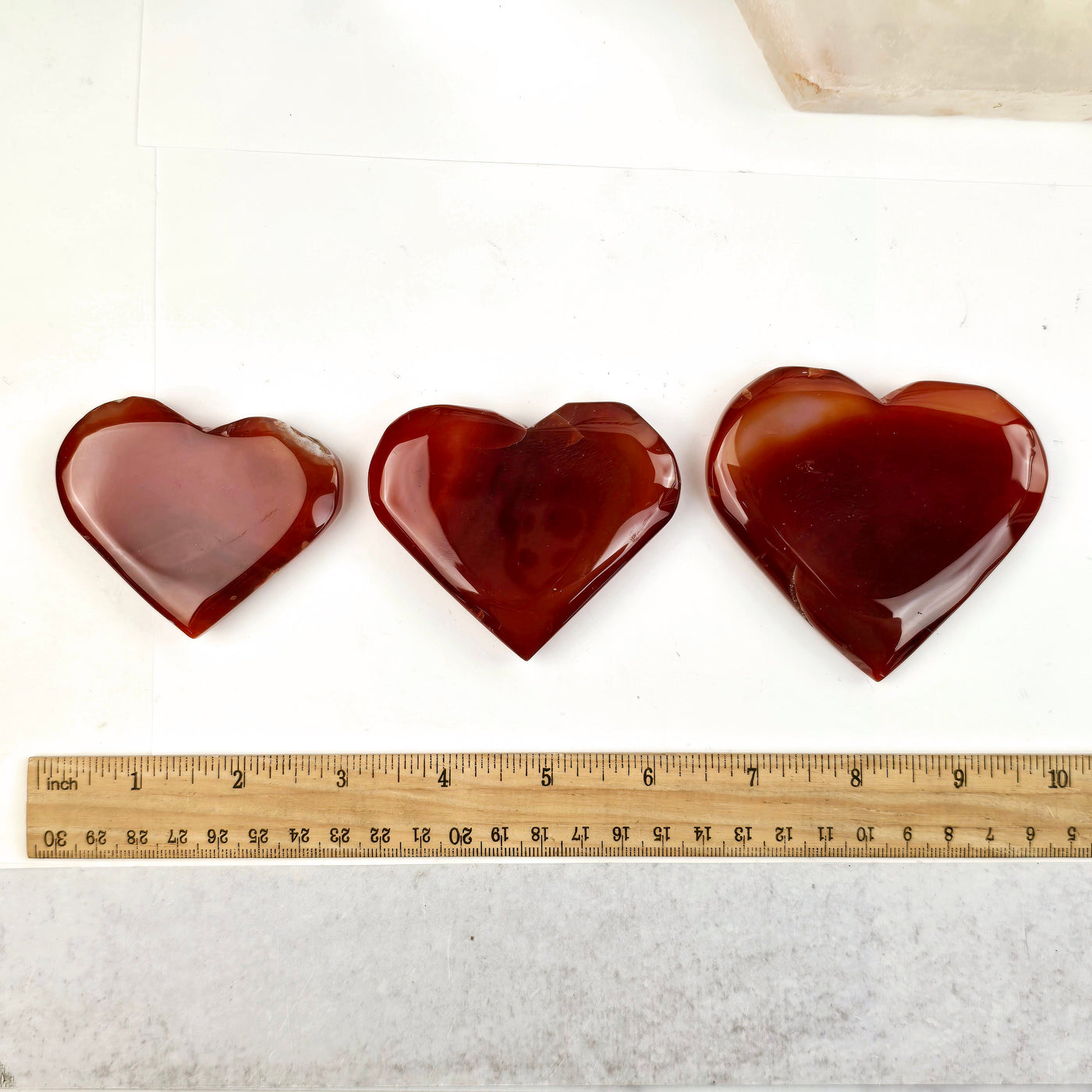 Carnelian Crystal Hearts - You Choose all 3 variants with ruler for size reference