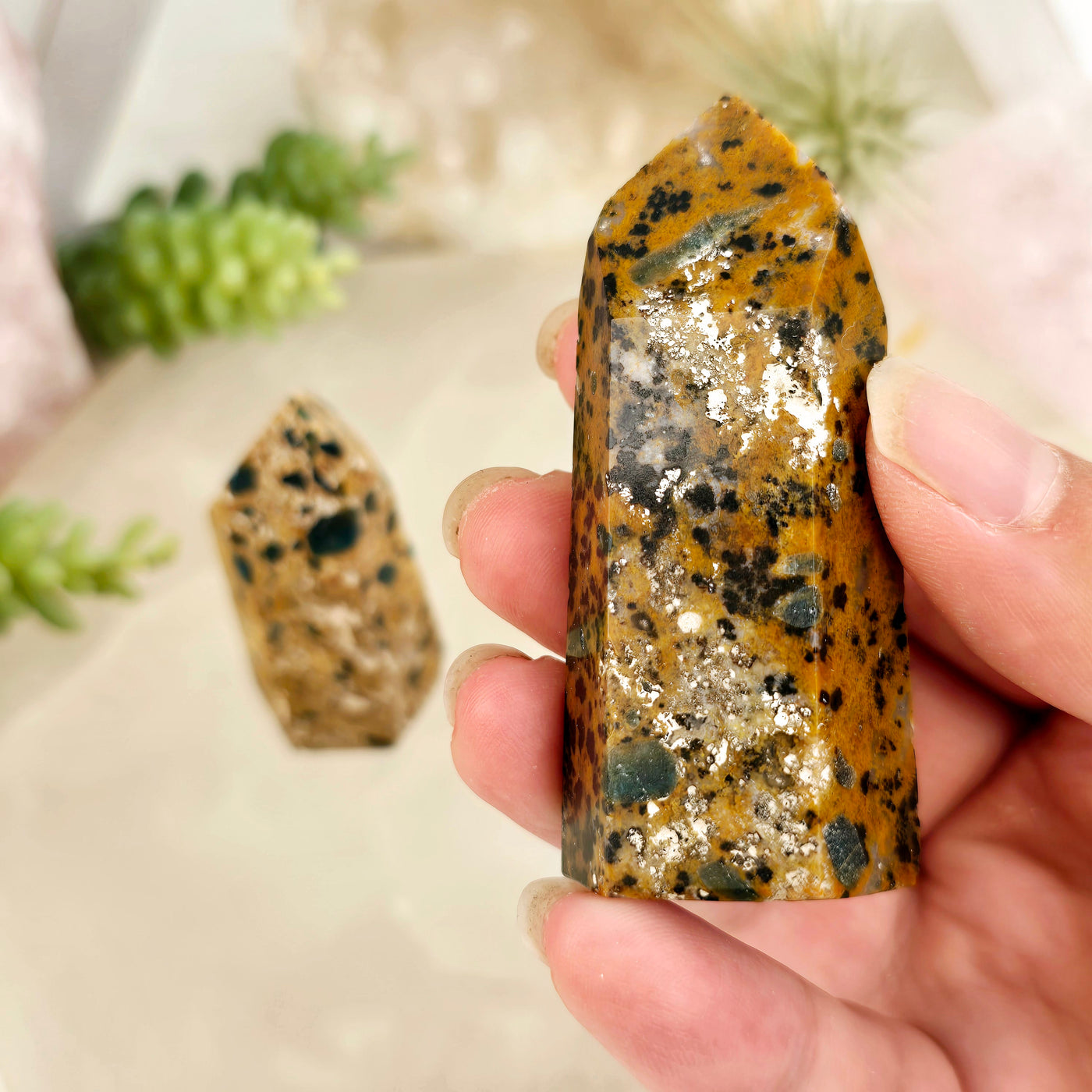 Leopard Skin Jasper with Apatite - Crystal Points - You Choose variant B in hand for size reference with other variant in background