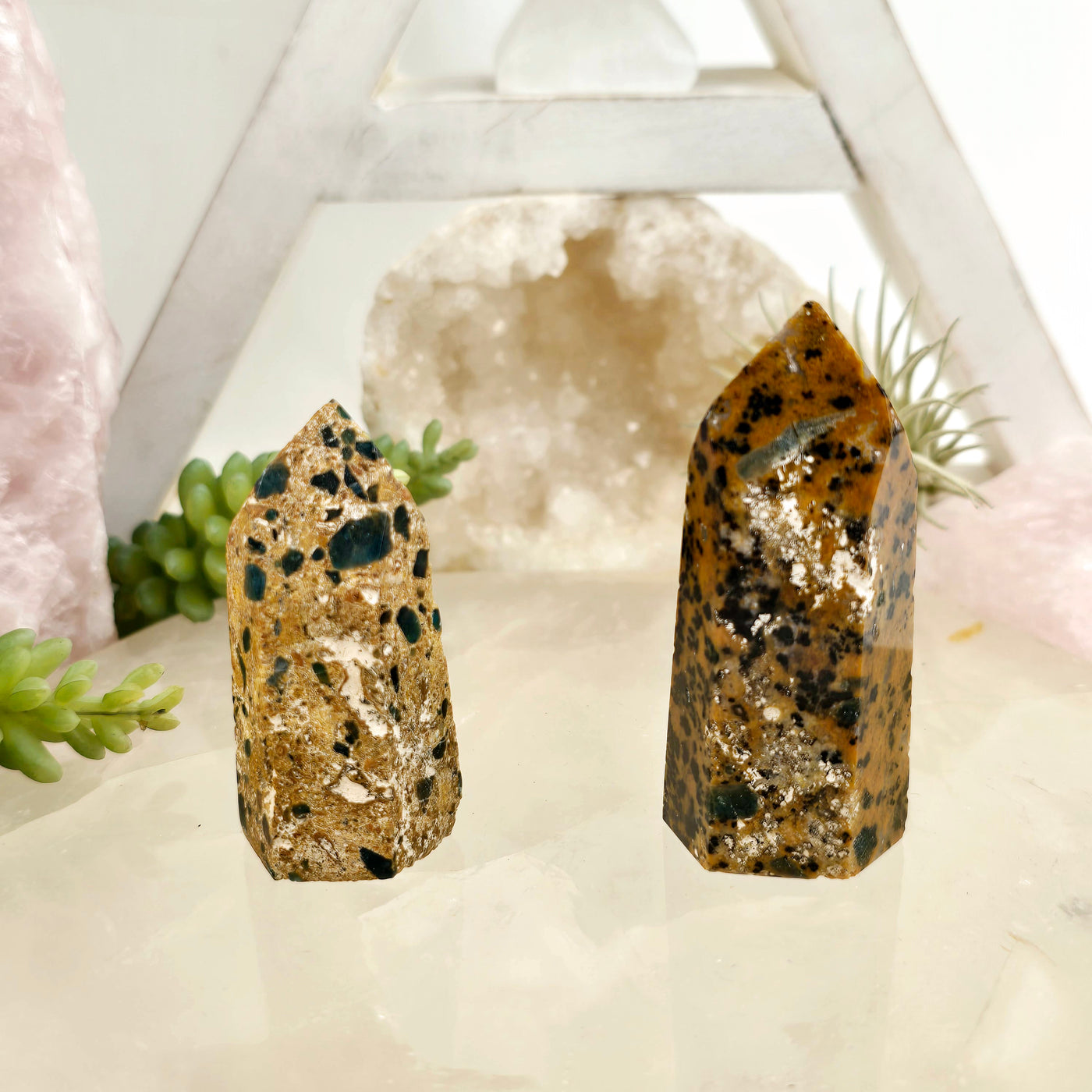 Leopard Skin Jasper with Apatite - Crystal Points - You Choose both variants front view with props in the background