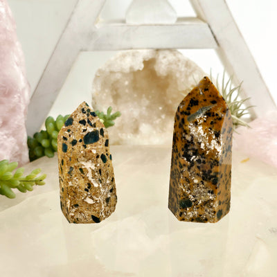 Leopard Skin Jasper with Apatite - Crystal Points - You Choose both variants front view with props in the background