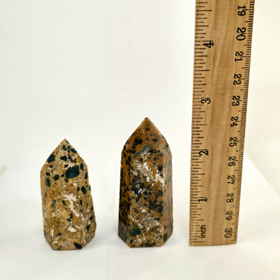 Leopard Skin Jasper with Apatite - Crystal Points - You Choose both variants with ruler for size reference