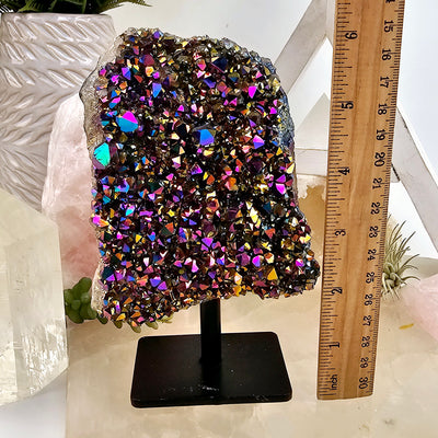 Titanium Coated Amethyst Crystal Cluster on Stand 4 front view with ruler for size reference