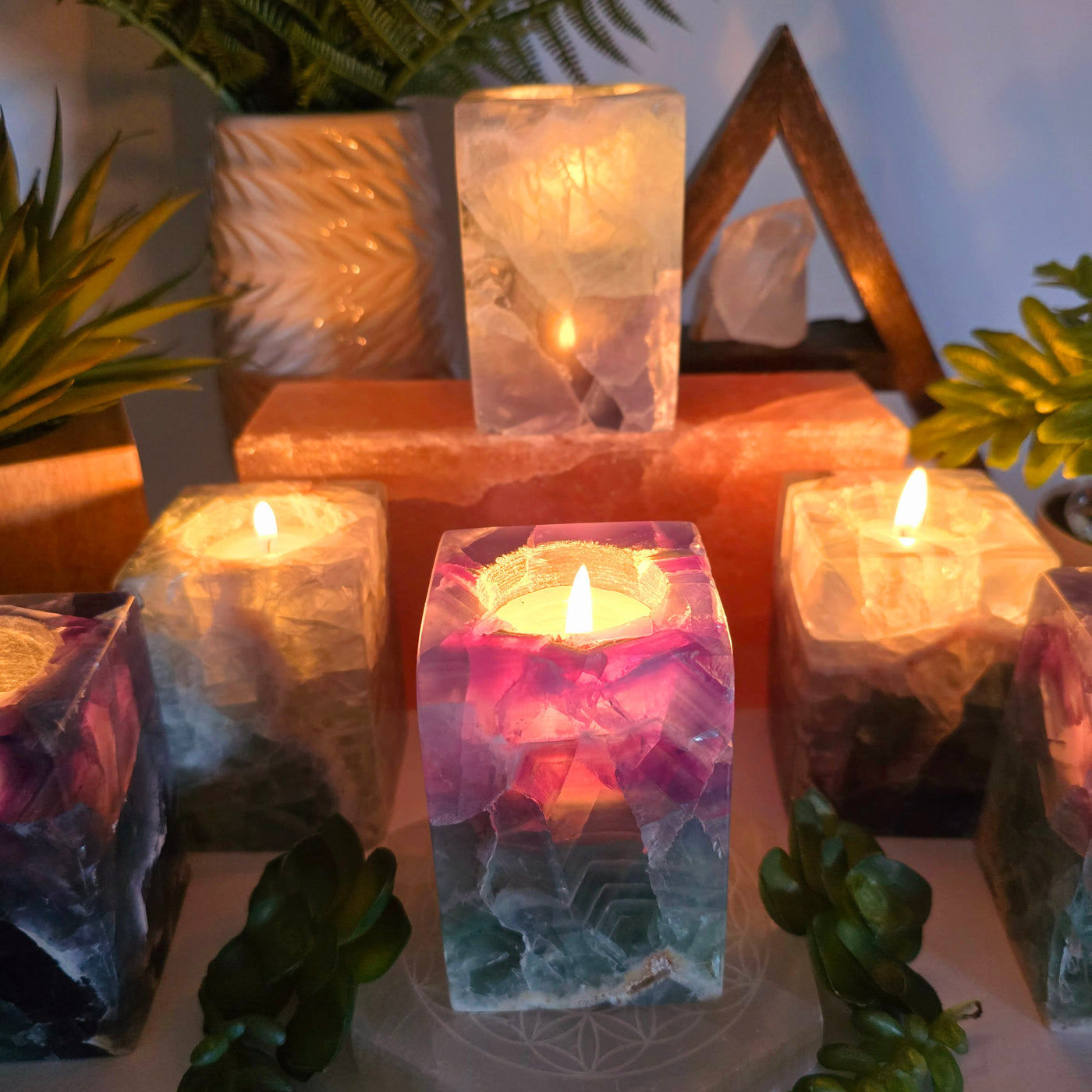 Fluorite Crystal Candle Holder - AA Grade closeup of candle holders for detail