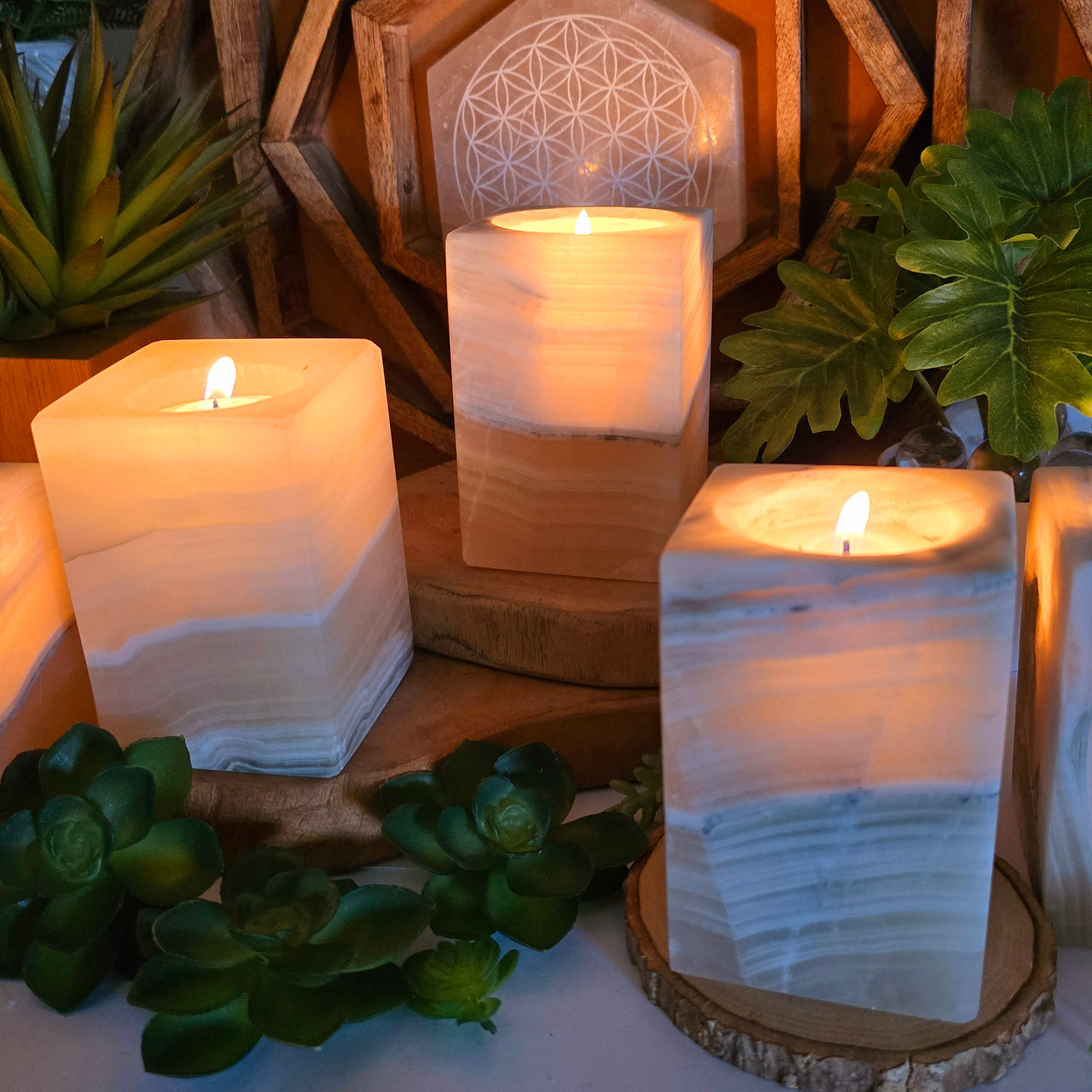 Mexican Onyx Rectangular Crystal Candle Holder closeup for detail of candle light showing through the candle holders