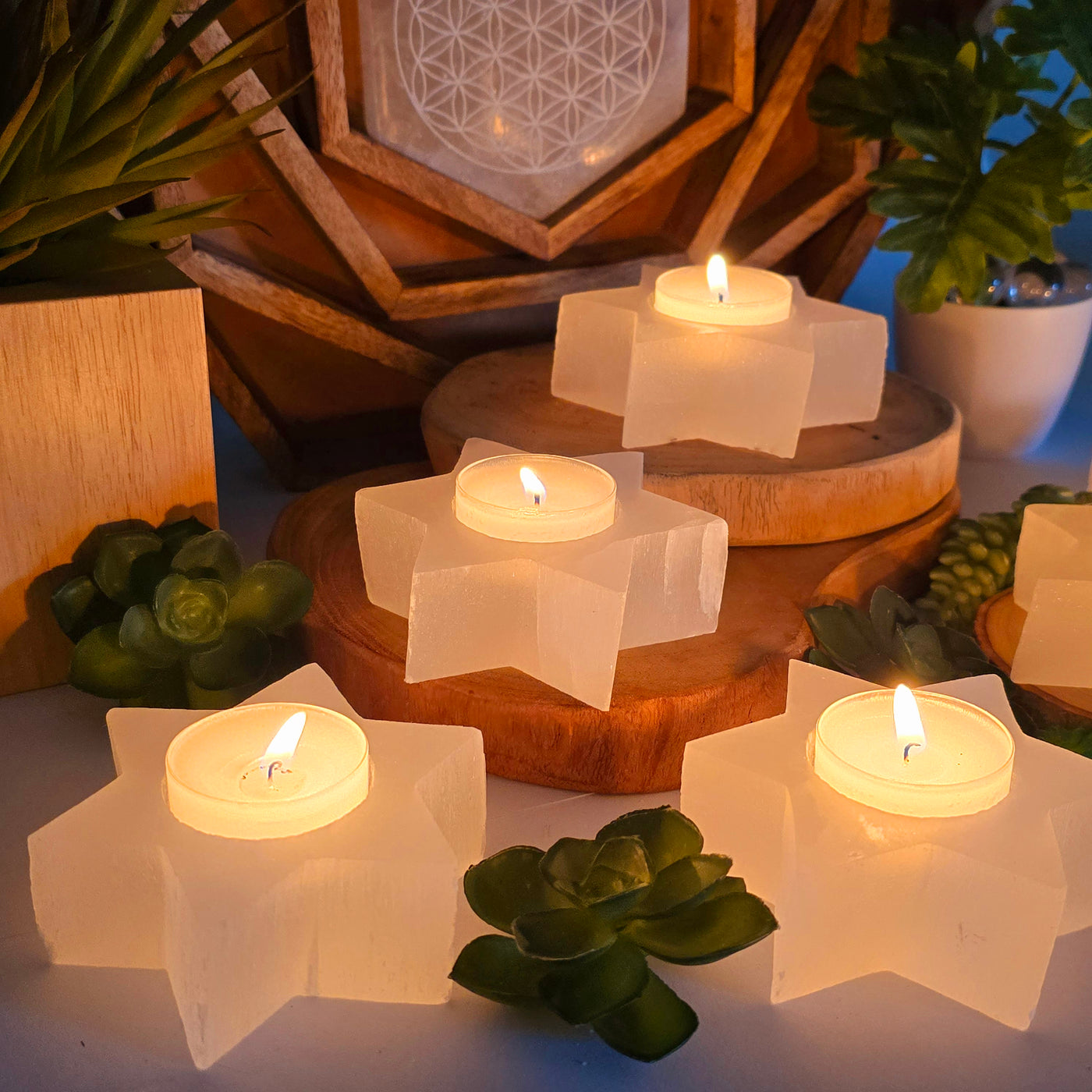 Selenite Six-Pointed Star Candle Holder closeup to show detail of glowing selenite