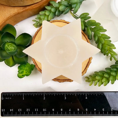 Selenite Six-Pointed Star Candle Holder with ruler for size reference