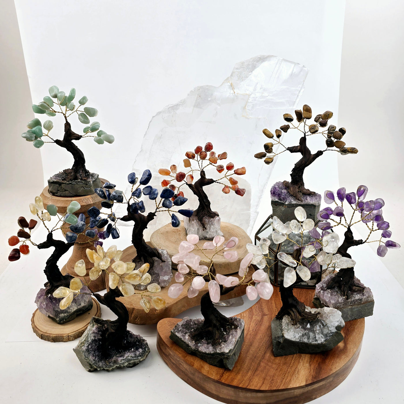 Tumbled Gemstone Tree with Amethyst Crystal Base - You Choose Stone all variants on wooden platters