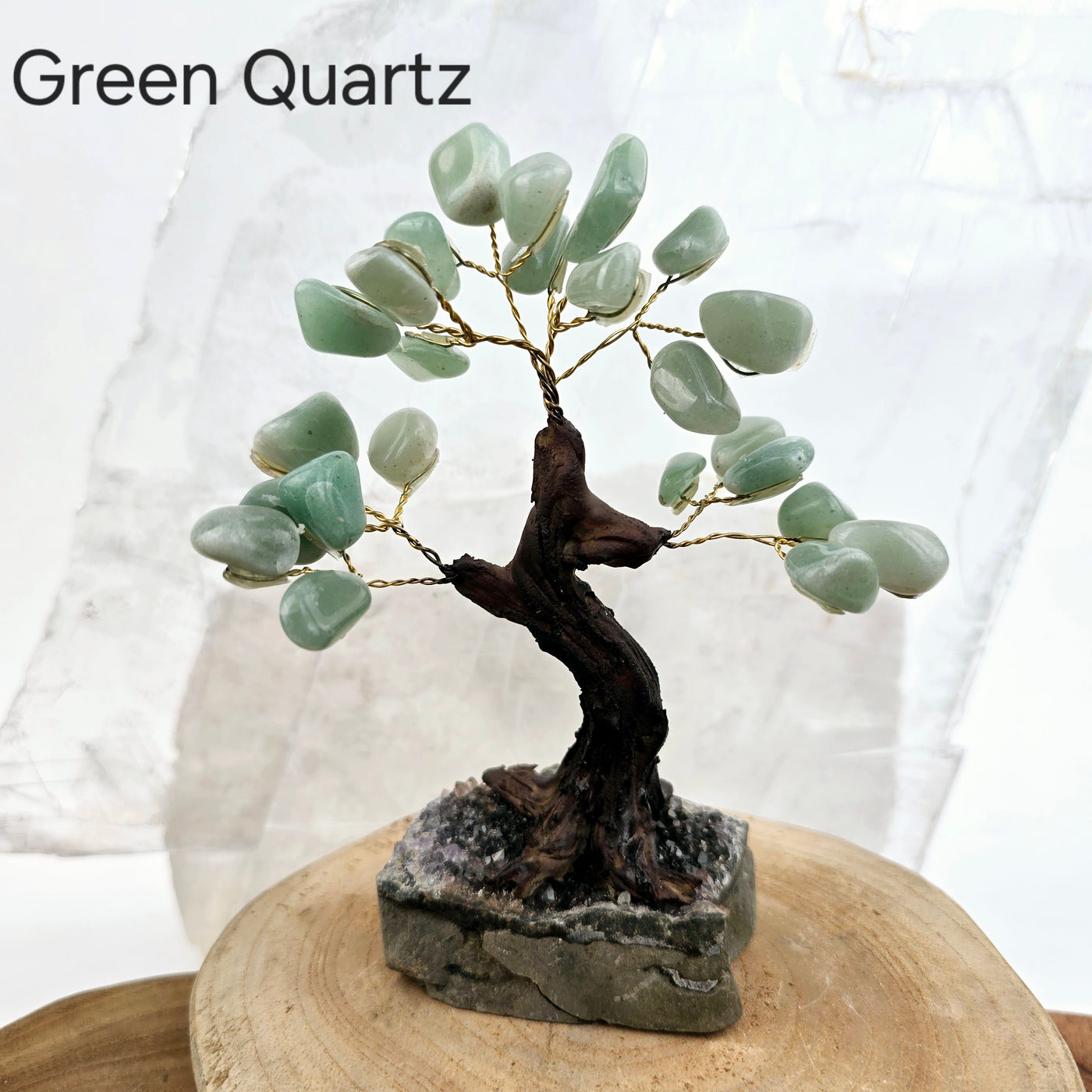 Tumbled Gemstone Tree with Amethyst Crystal Base - You Choose Stone Green Quartz tree labeled