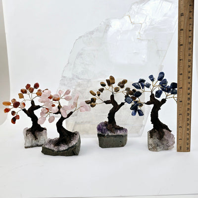 Tumbled Gemstone Tree with Amethyst Crystal Base - You Choose Stone four trees with ruler for size reference