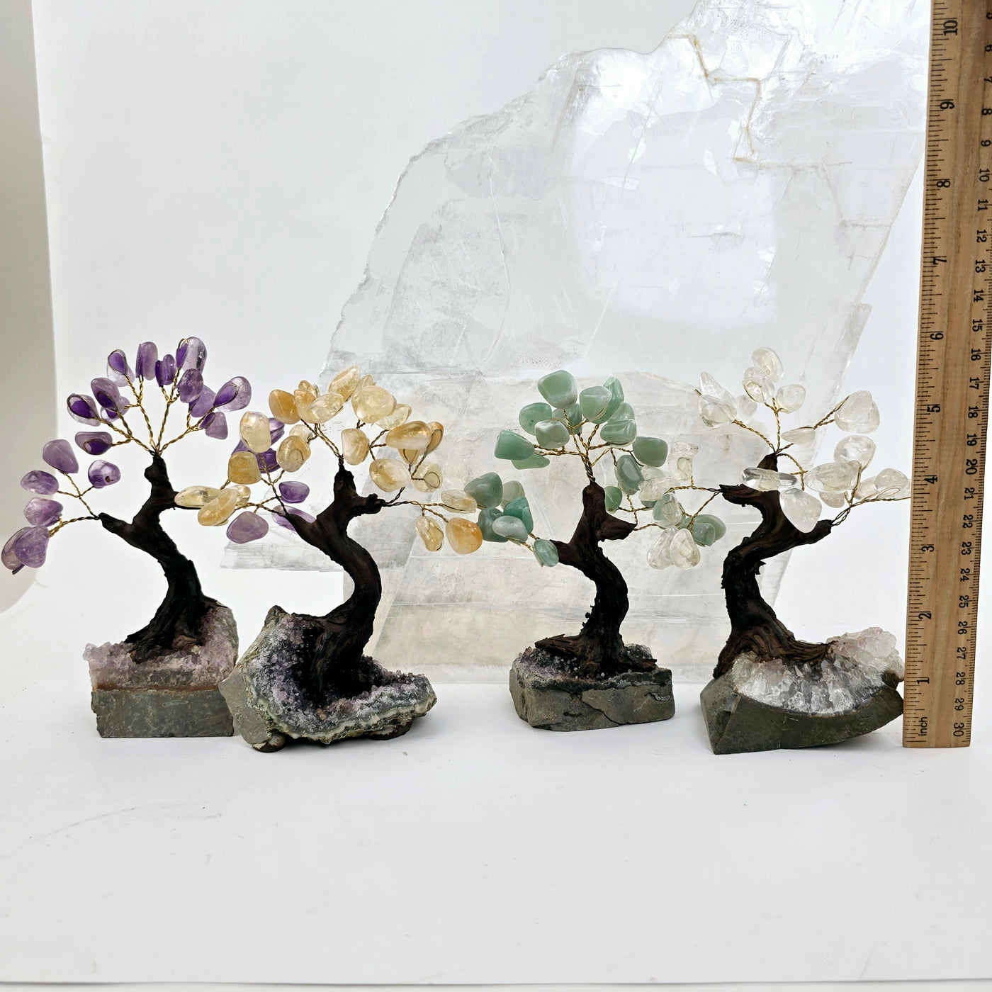 Tumbled Gemstone Tree with Amethyst Crystal Base - You Choose Stone four trees with ruler for size reference