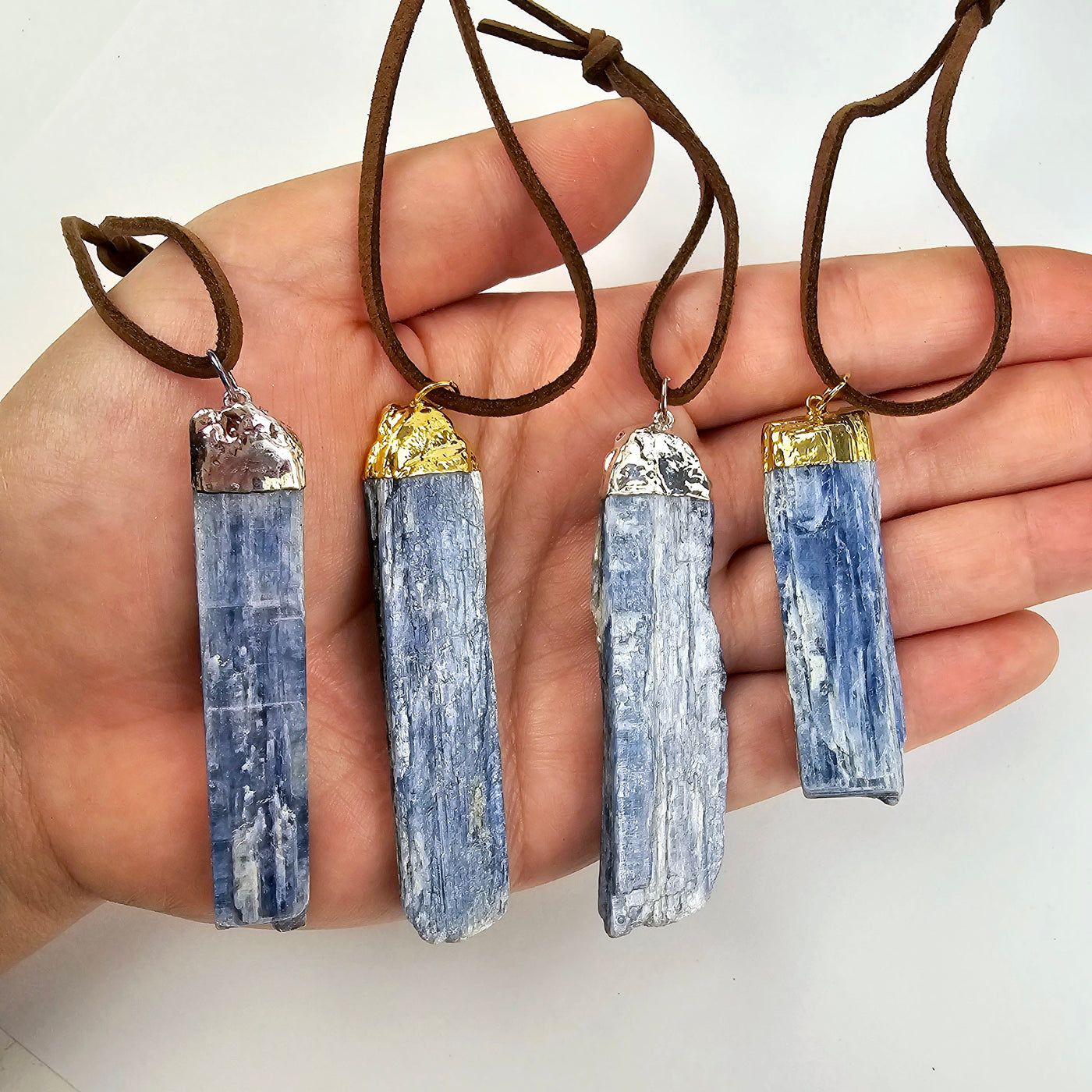 Blue Kyanite Crystal Ornament with Silver or Gold Cap - You Choose Finish both variants in hand for size reference