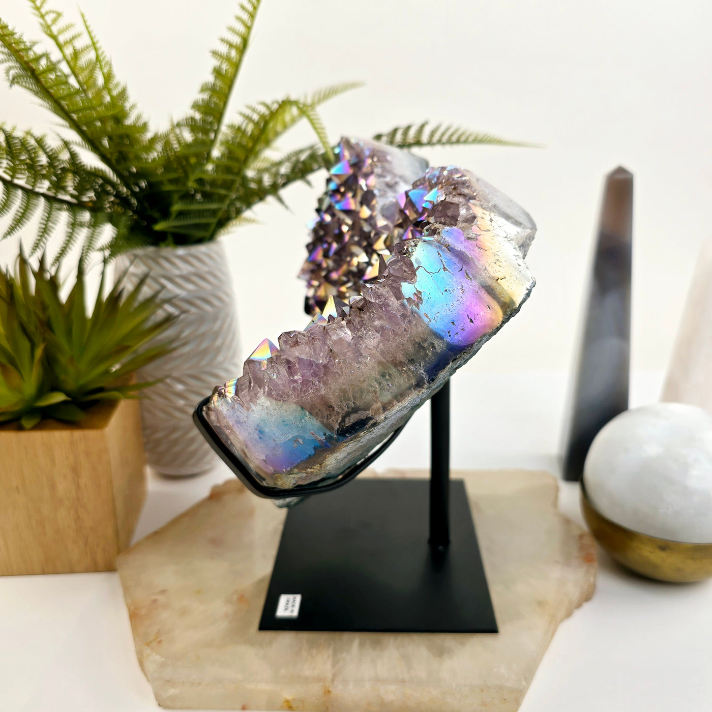 Angel Aura Amethyst Crystal Heart on Metal Stand side view