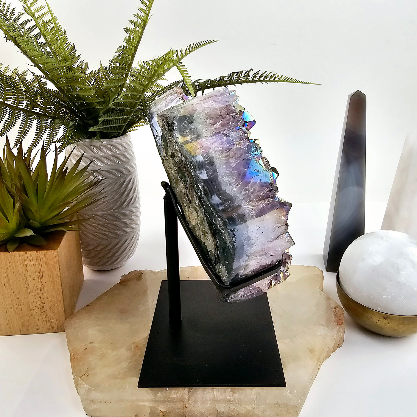 Angel Aura Amethyst Crystal Heart on Metal Stand side view