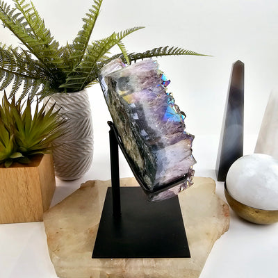 Angel Aura Amethyst Crystal Heart on Metal Stand side view