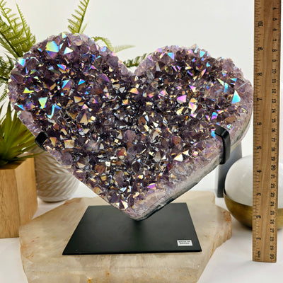 Angel Aura Amethyst Crystal Heart on Metal Stand with ruler for size reference