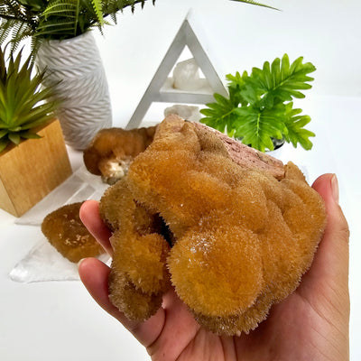 Yellow Calcite Crystal Cluster - High Grade - You Choose variant 3 in hand with other variants in the background