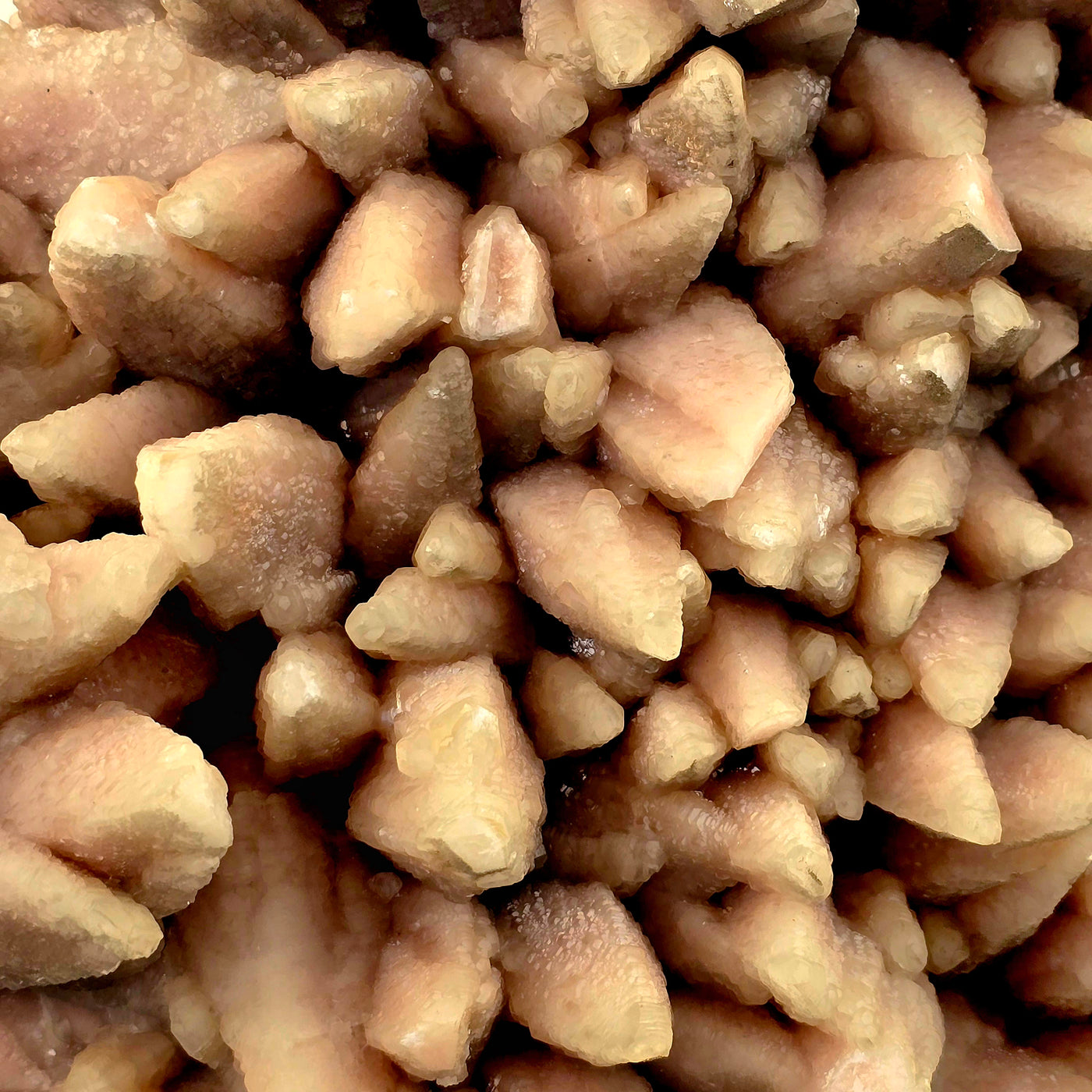 Pink Calcite Crystal Cluster with Wooden Stand closeup for detail