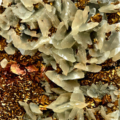 Pyrite and Calcite Crystal Cluster with Wooden Stand #1 closeup to show detail