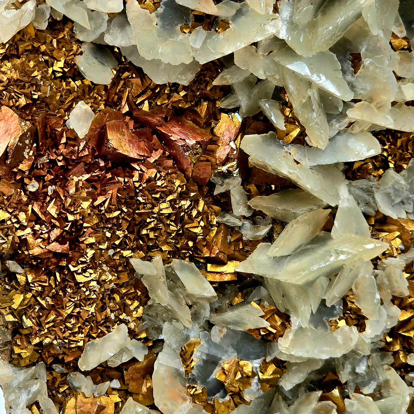 Pyrite and Calcite Crystal Cluster with Wooden Stand #1 closeup to show detail